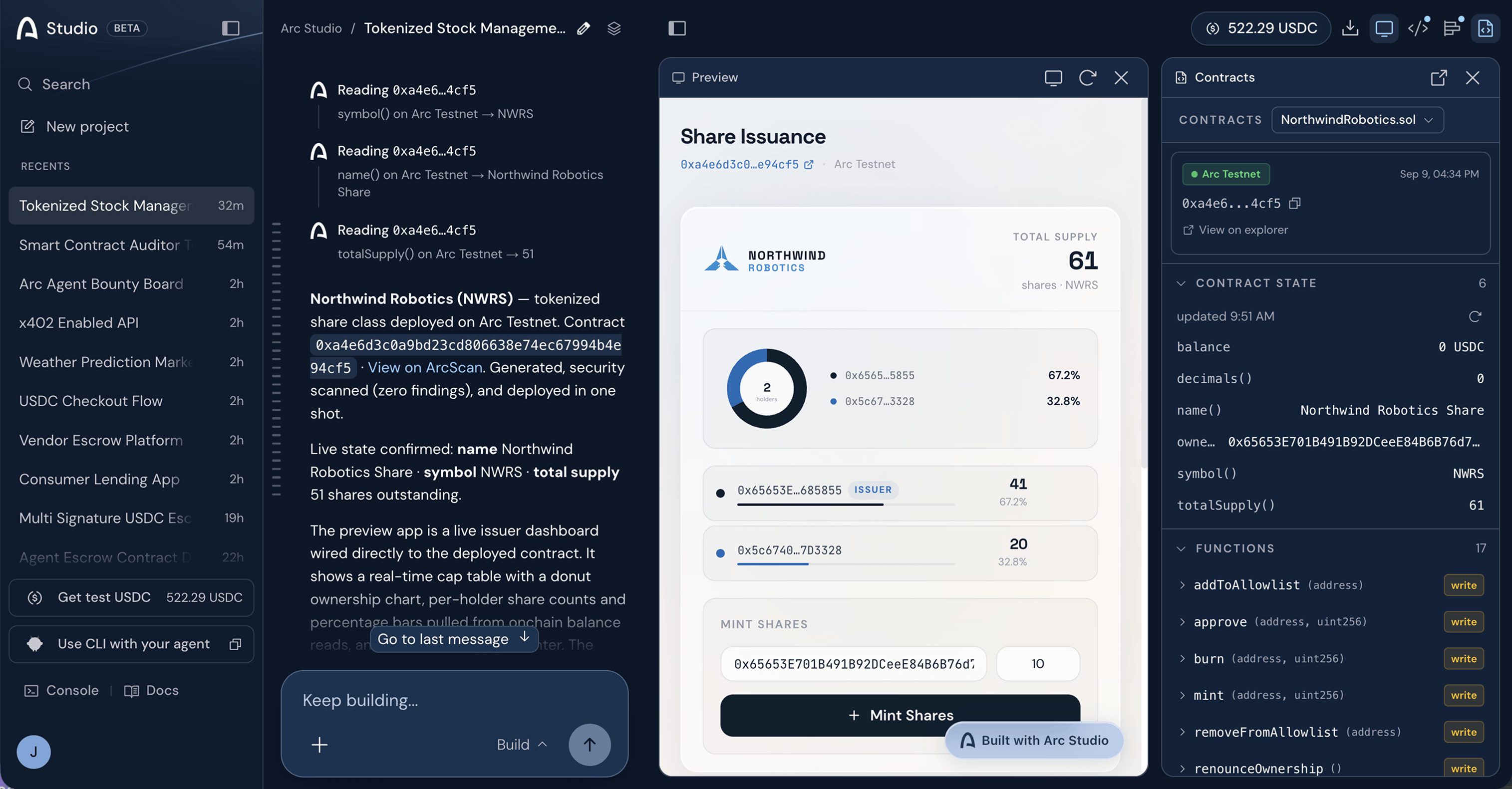 Arc Studio workspace with a conversation, live app preview, and smart contract panels