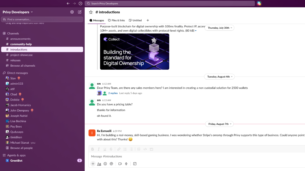 Privy's Developer Slack Page