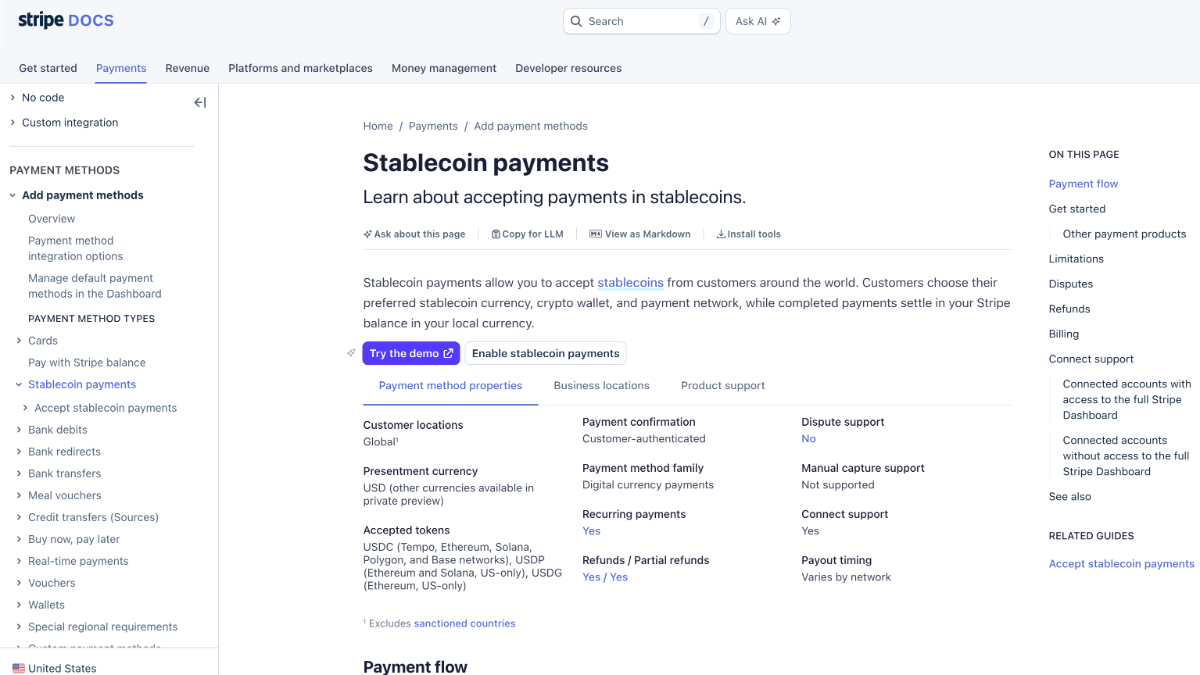 Stripe Stablecoins Demo & Developer Docs